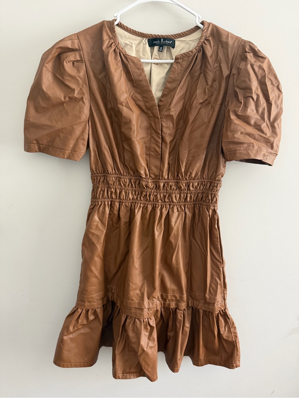 Simply Southern Tan Puff Sleeve Ruffle Hem Dress